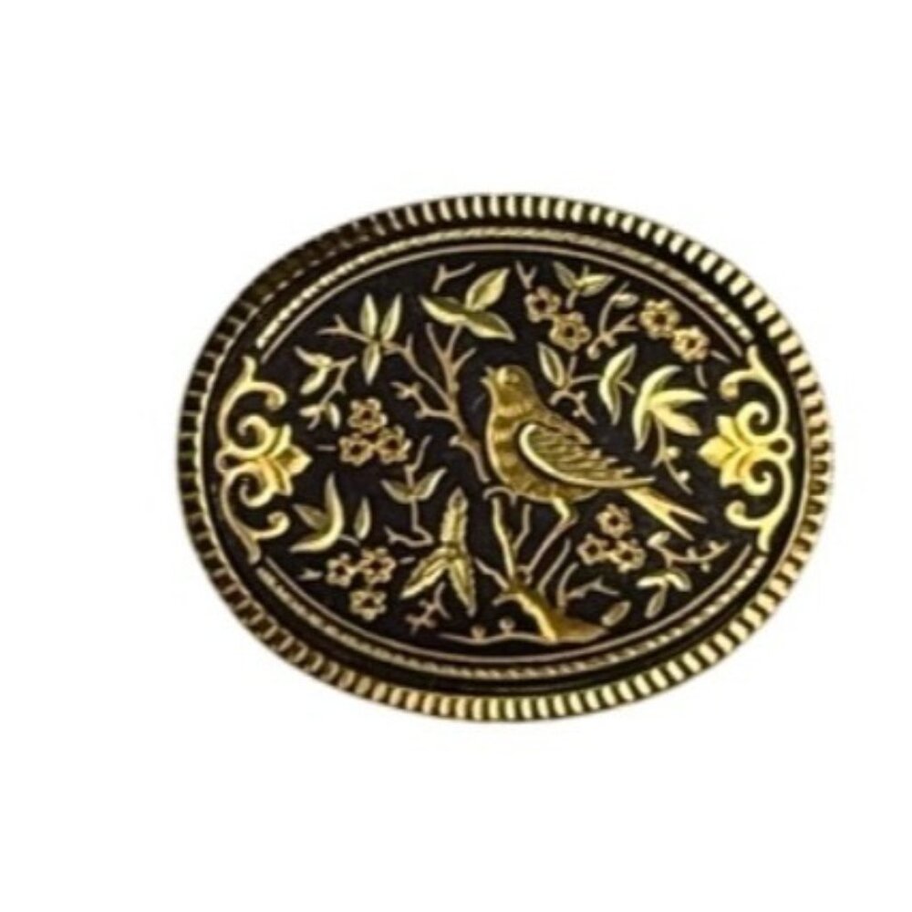 Gold Tone Vintage Black Oval Brooch Floral Bird Motif Embossed